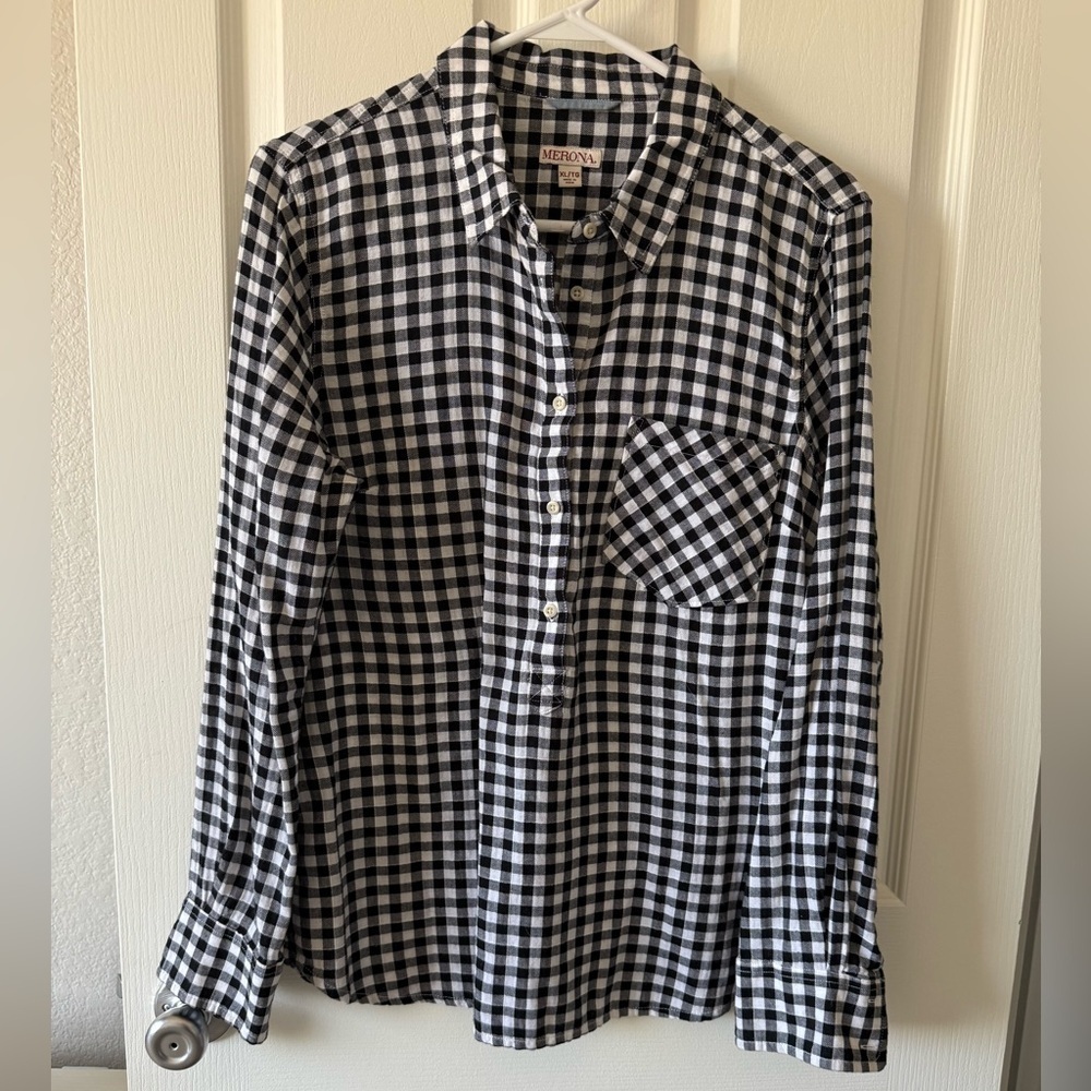 Merona Women's Black & White Gingham 1/2 Button Flannel Shirt Size XL